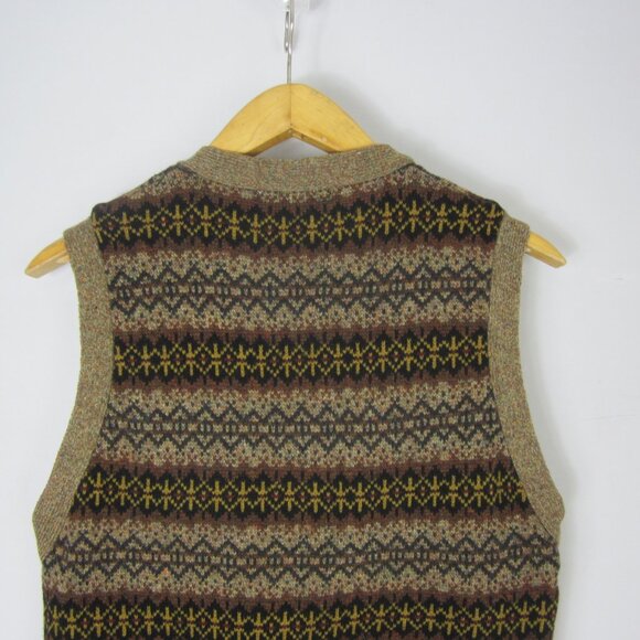 Geoffrey Been Mens Large Brown Black Lambswool Fair Isle Button Sweater Vest - Picture 6 of 10